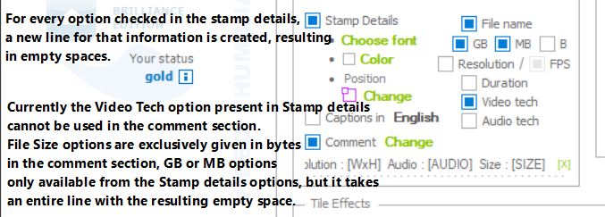 Technical Details options and Stamp Details
